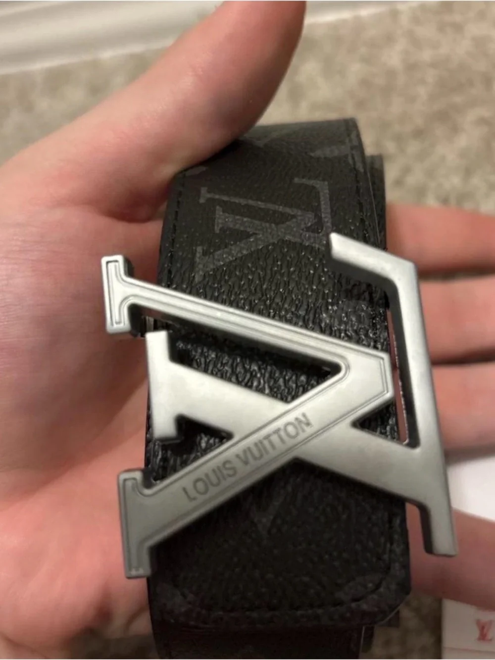 Louis Vuitton Men's Black Monogram Leather Belt with Silver LV Sliver Buckle - Picture 2 of 4